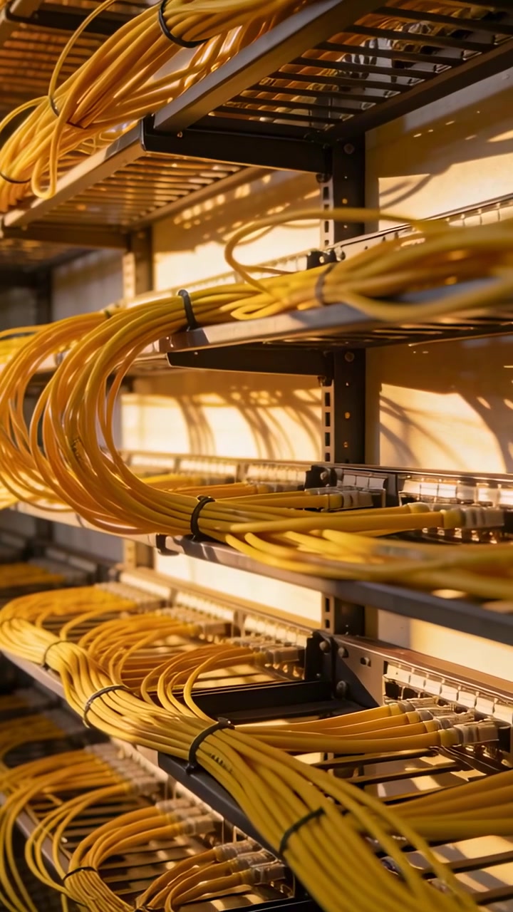 Vertical video: Panning camera revealing bundled yellow cables on rack trays, showing neat routing