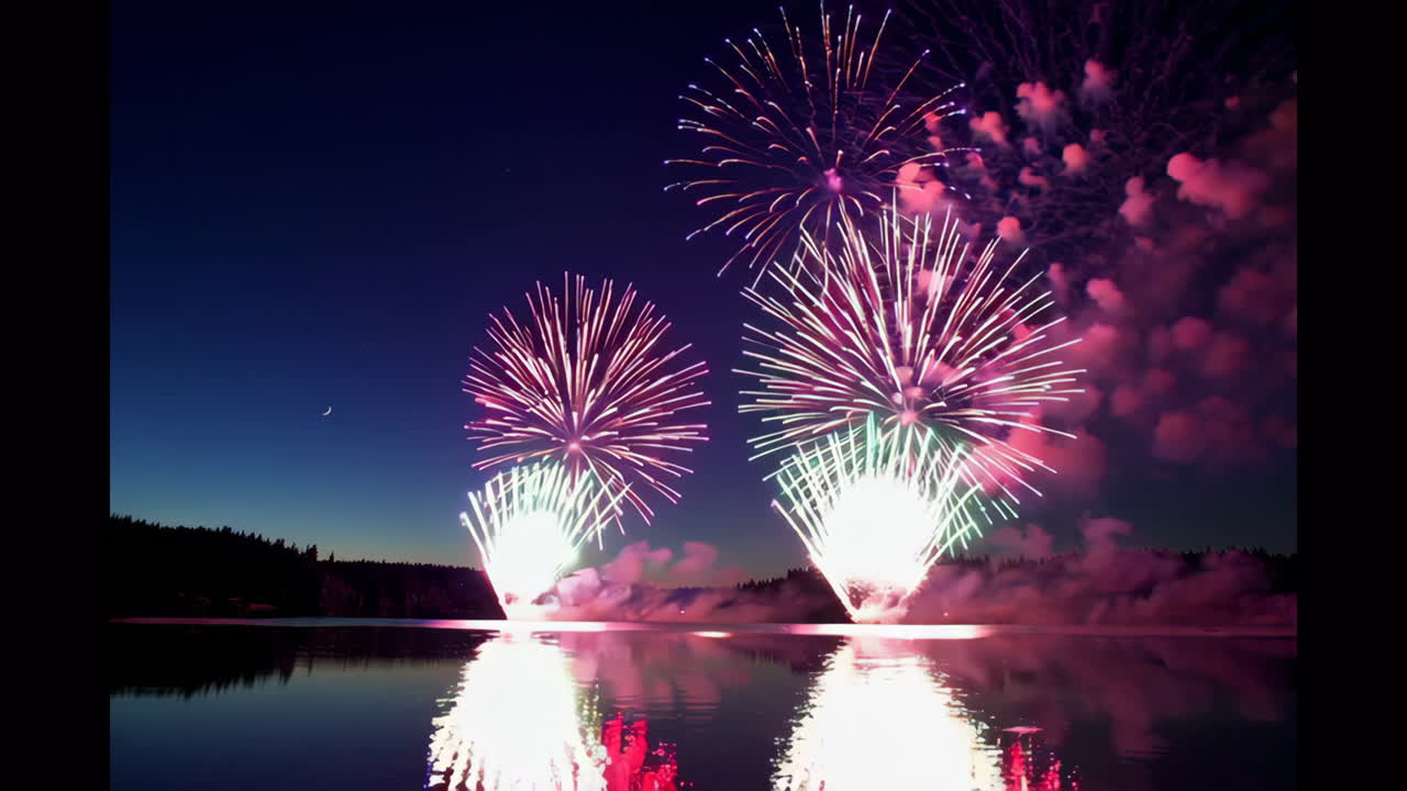 밤 에 호수 위 에 있는 다채로운 불꽃놀이