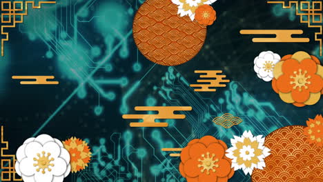 glowing blue lights illuminating digital circuit with abstract floral patterns