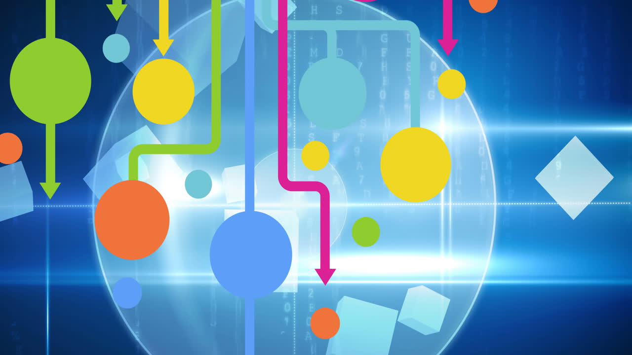 전 세계를 배경으로 디지털 아이콘으로 연결하는 네트워크의 애니메이션