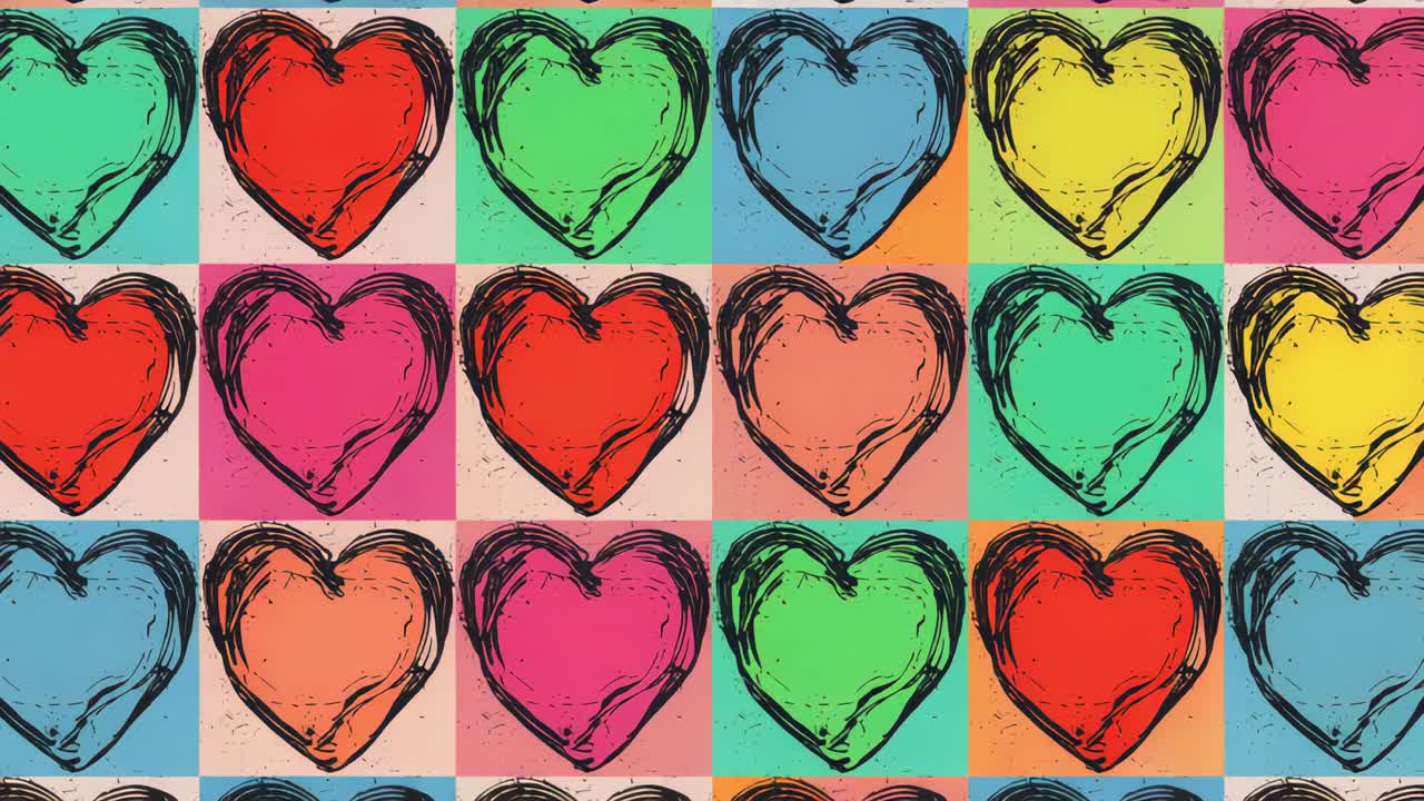 Sequenza che fa avanzare una griglia di cuori disegnati a mano, modificando i colori di riempimento sull'area di lavoro e mantenendo la texture screziata