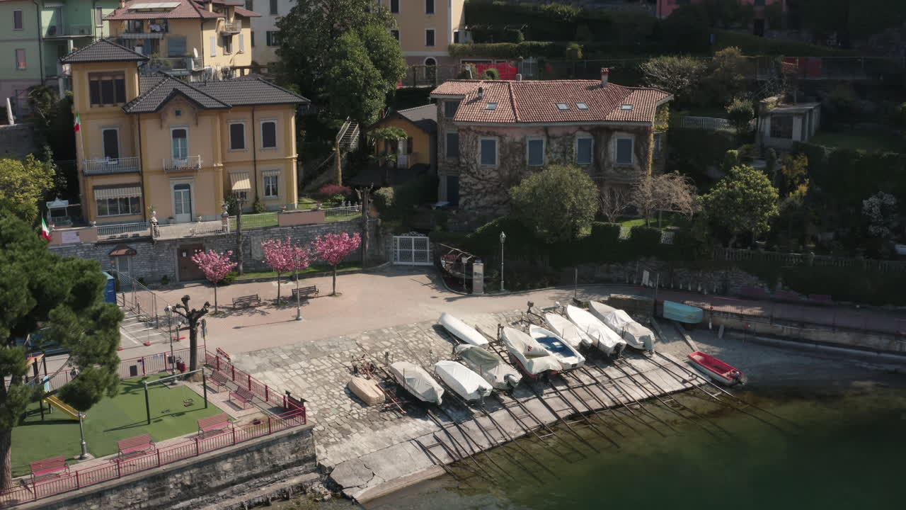 Drone View of Boats in Varenna, on Lake Como, in Italy
