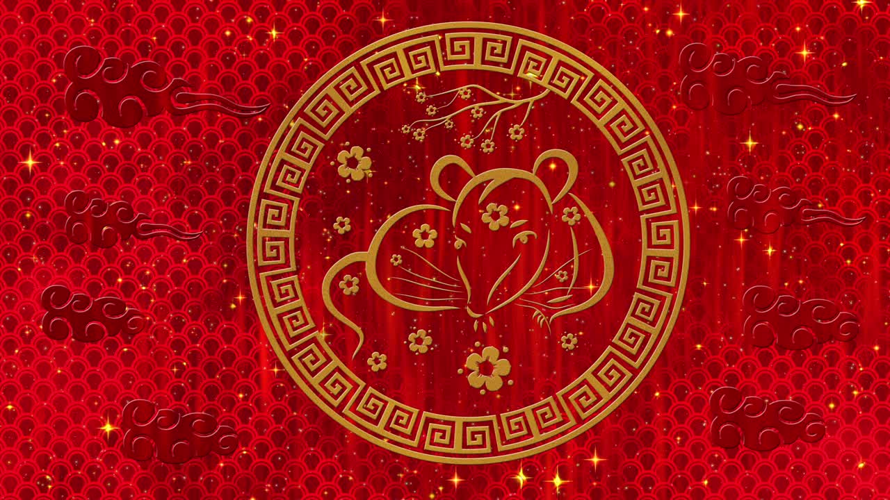 Lunar New Year, Spring Festival red background with rat, fireworks, glittering stars and sakura flowers. Chinese new year animation for wealth, happiness, luck. 3D rendering seamless loop 4k video
