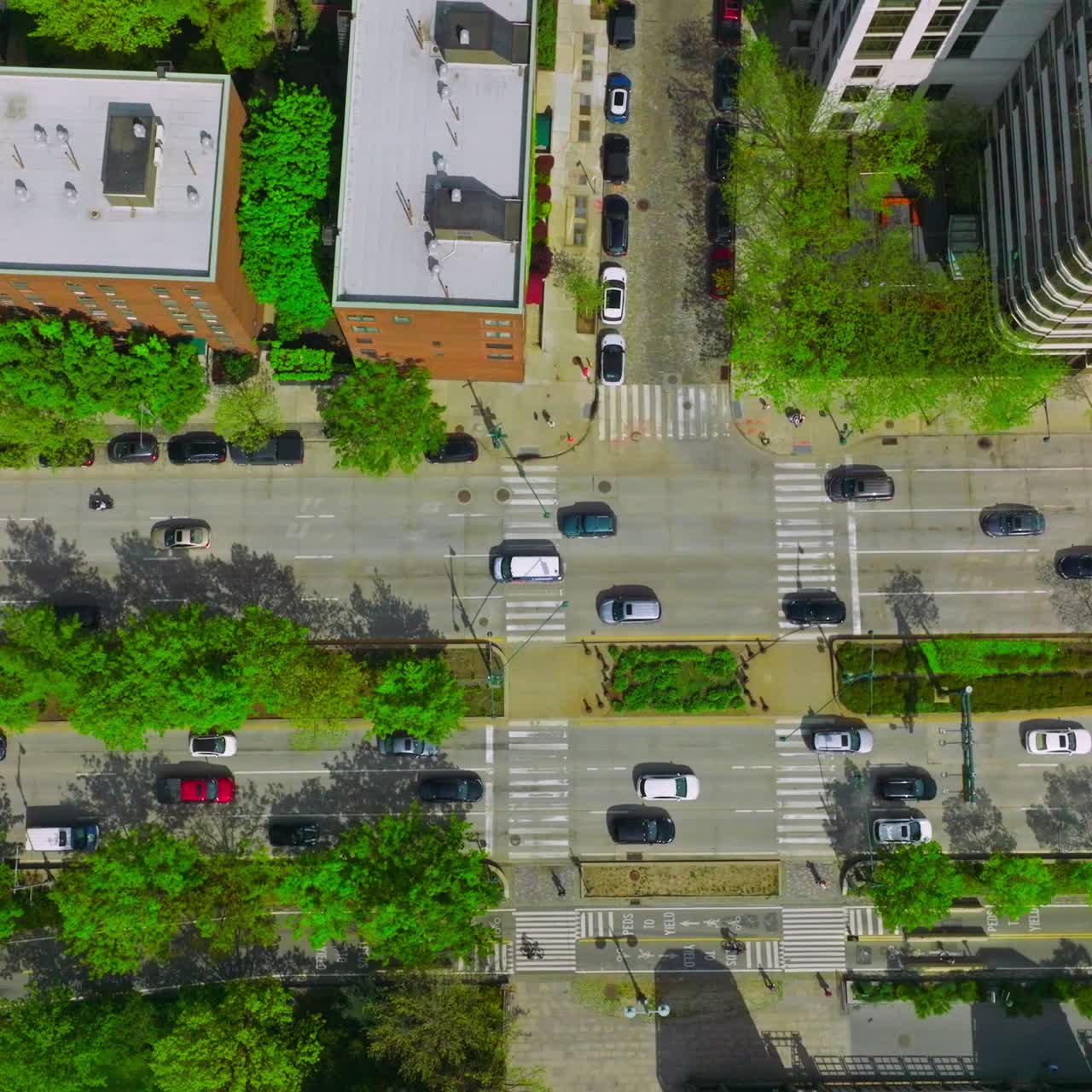 Cars driving quickly over the roads of busy city. New York city traffic. Aerial perspective