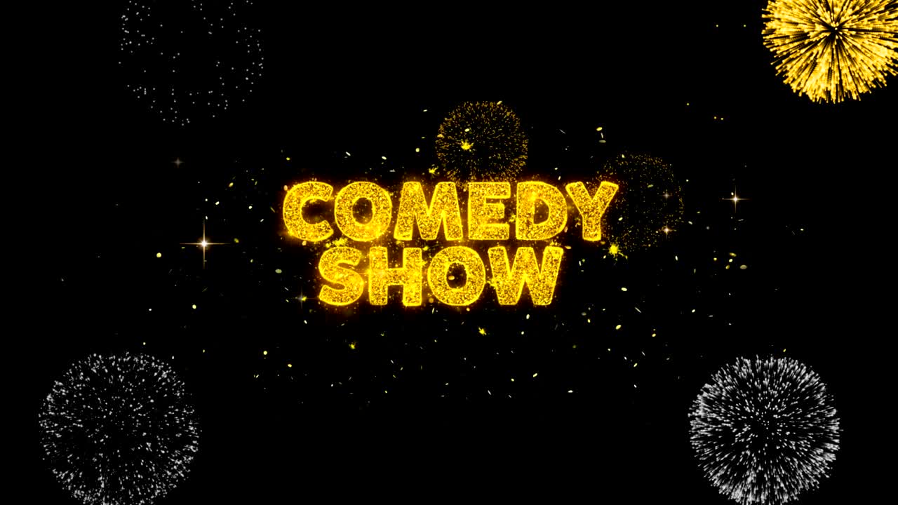 코미디의 밤 텍스트는 반이는 황금 입자 불꽃놀이를 보여줍니다.