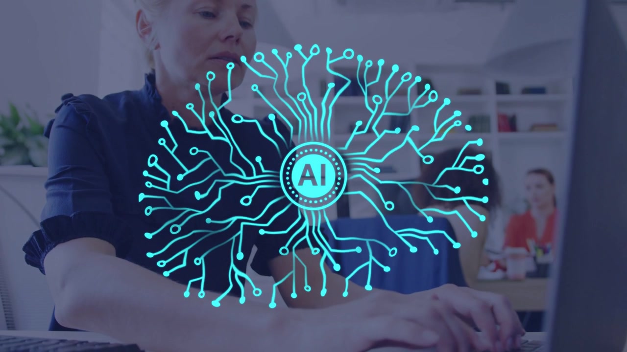 Woman starting typing while camera moving with blue AI brain overlay showing laptop keys for tech