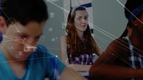 students writing tests in modern classroom, with animated network lines and data graphs overlaying
