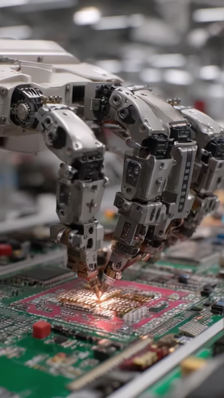 Advanced Robotic Hands Engaging in Precision Work on Electronic Circuit Boards, Demonstrating Industrial Automation and Technology Integration in Manufacturing Processes