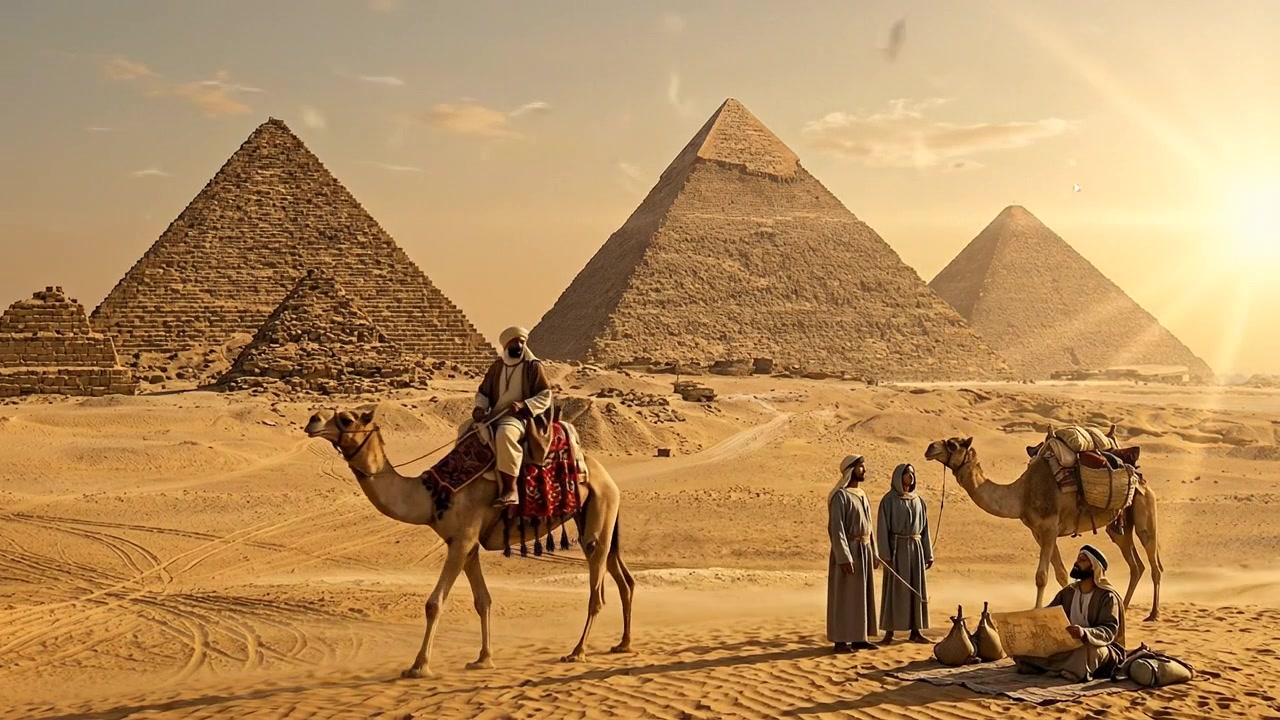 Turisté navštěvující krajinu starověkých pyramid během pouštního cestovatelského dobrodružství