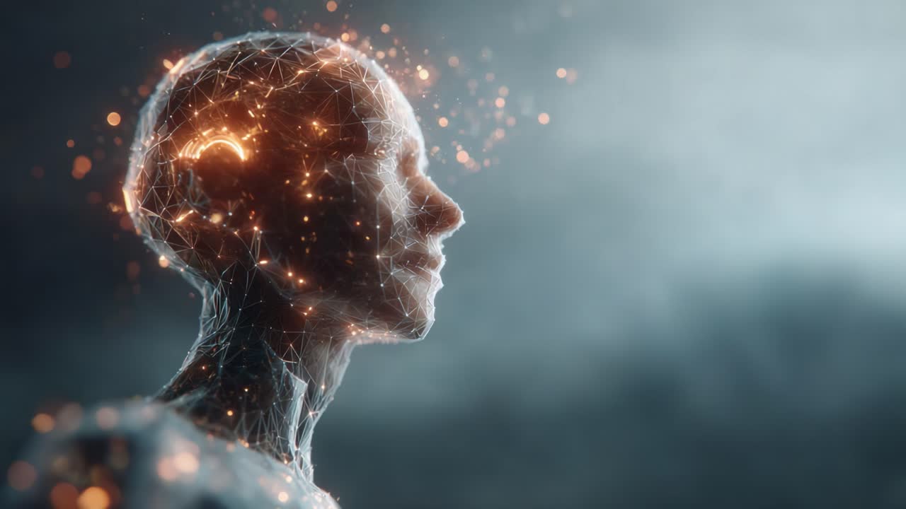 Ethereal Representation of a Digital Being: A Stunning Visualization Capturing the Intricate Neural Connections and Sparkling Light within a Synthetic Human Form