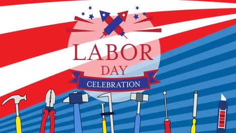 animation of labour day celebration text over tools and american flag