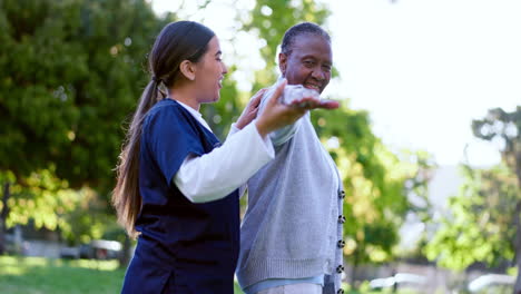 elderly, black woman and nurse with stretching