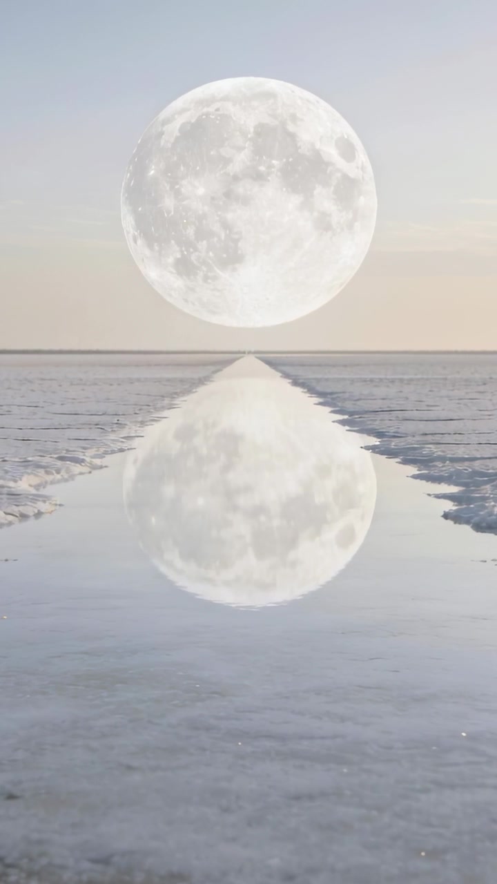 Vertikales Video: Zeit vergeht, Vollmond zentriert über Küstenkanal, spiegelnde Wellen.