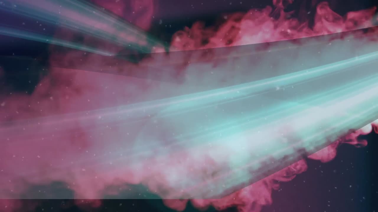 Digital waves and white particles against pink cloud smoke on black background