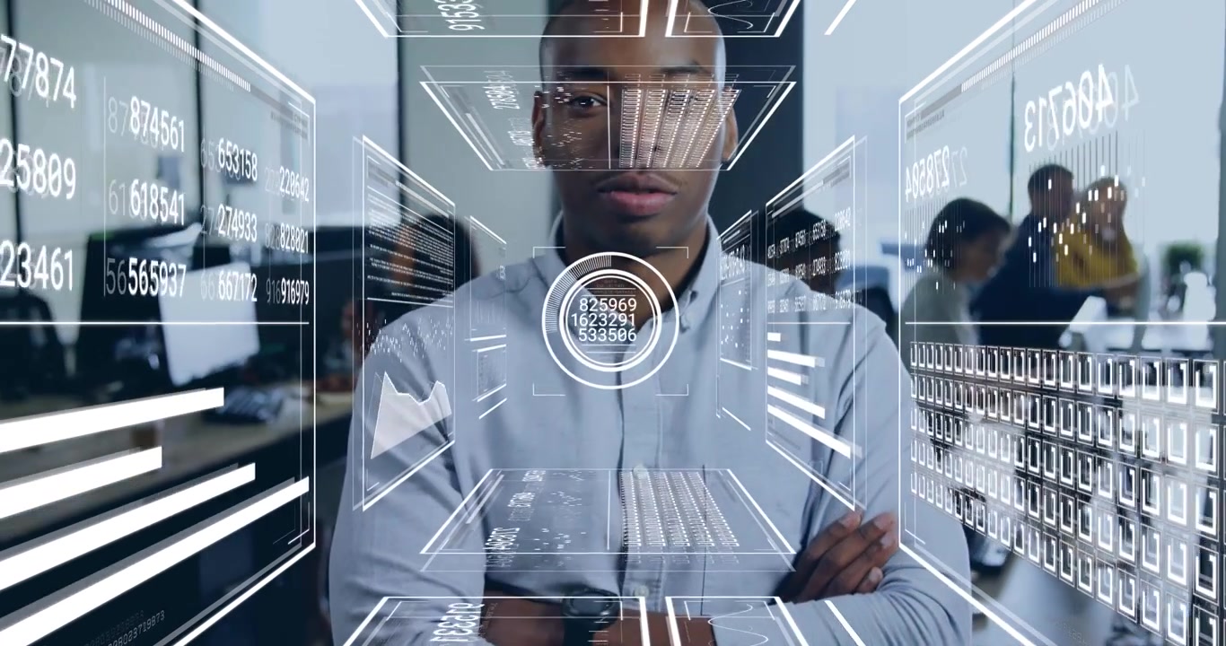 Tech analyst sitting at desk, camera closing in, HUD advancing, aligning marker, visualizing data