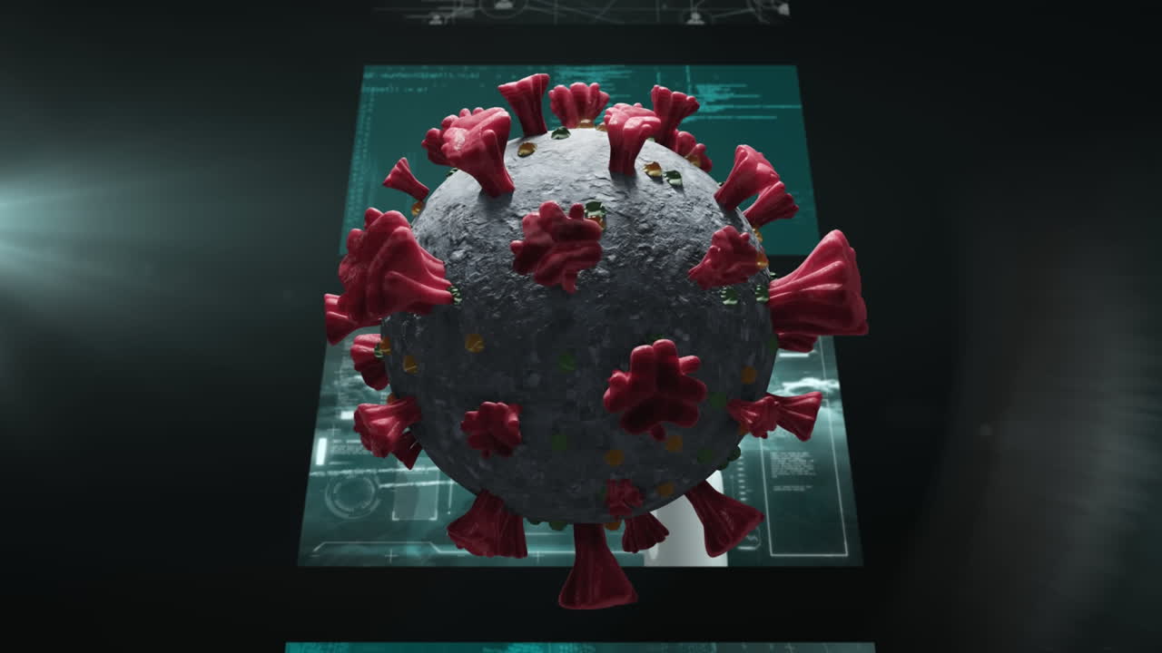 animación digital de la célula de covid-19 en múltiples pantallas con procesamiento de datos en fondo negro