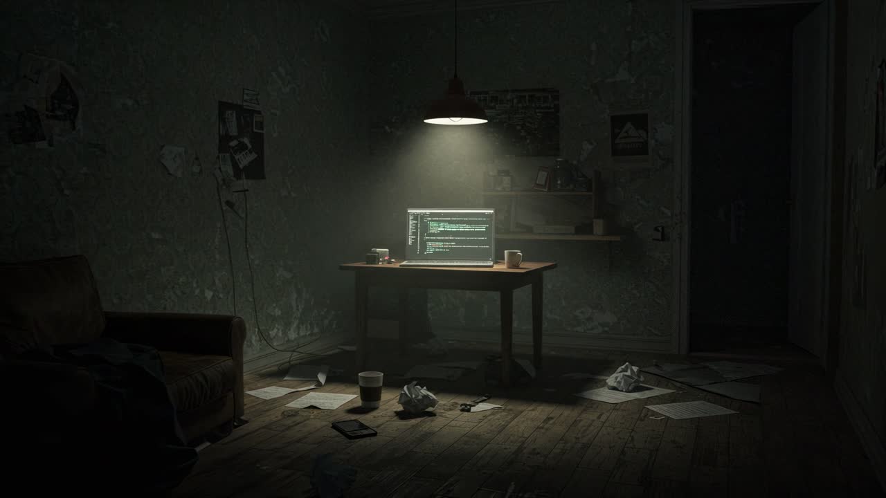 In the serene atmosphere of a dimly lit room, a solitary computer sits among scattered papers, and a lonely couch awaits at night