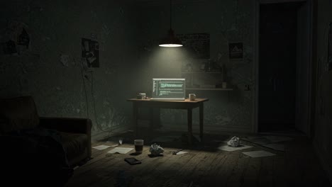in the serene atmosphere of a dimly lit room, a solitary computer sits among scattered papers, and a lonely couch awaits at night