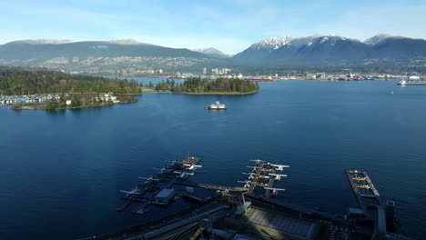 Aerial-View-Of-Vancouver-Harbour-Flight-Centre-At-Coal-Harbour-In-Vancouver,-British-Columbia,-Canada