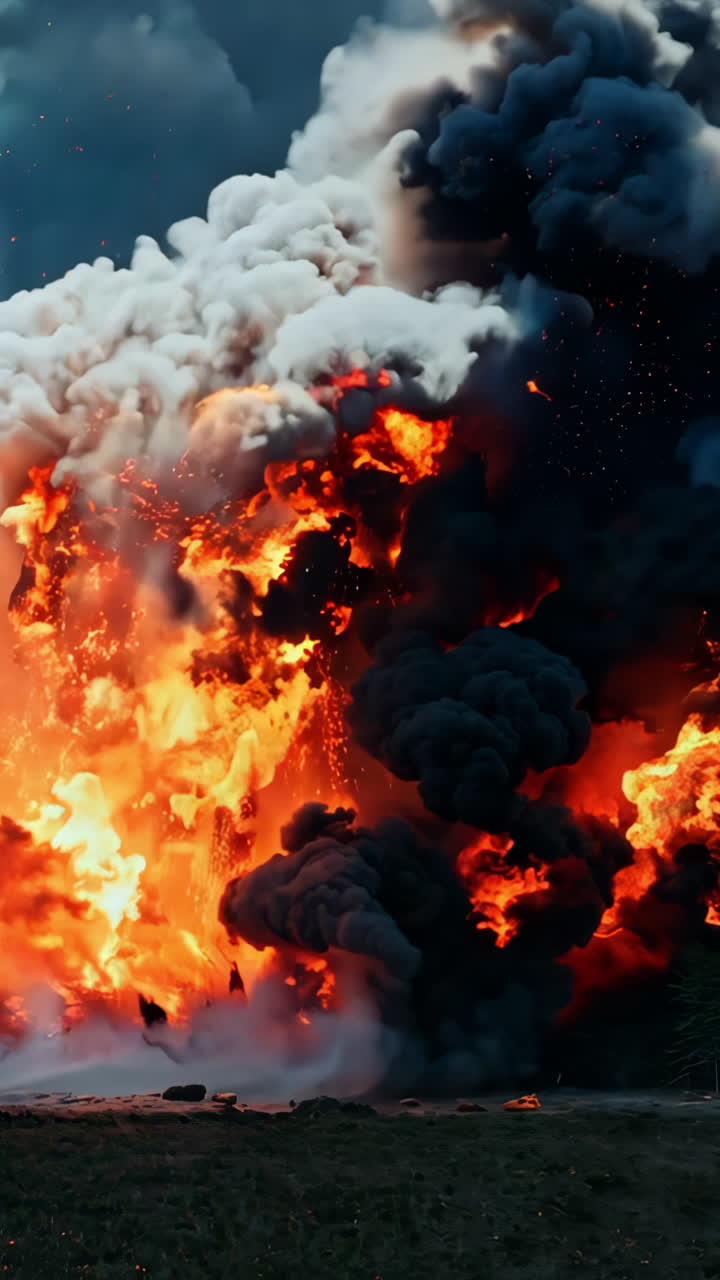 A large explosion with a lot of smoke and fire. The explosion is very large and has a lot of debris