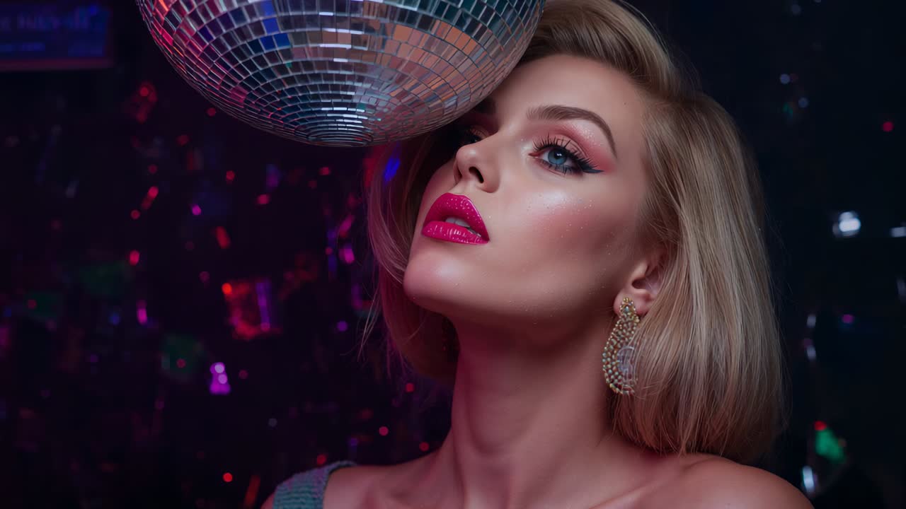 Modella che indossa orecchini, inclina la testa e ammicca mentre una palla da discoteca ruota in studio, spazio per il testo