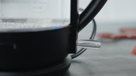 close-up of electric water boiler heating up with bubbles rising in transparent glass kettle, steam starts forming as water reaches boiling point, hand adjusting switch for temperature control