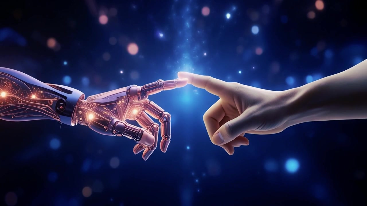 Mano Umana e Mano Robotica che si Toccano le Dita nello Spazio Digitale