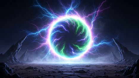 a stunning visual of a mystical portal surrounded by electric energy in a desolate landscape, capturing the essence of sci-fi and fantasy imagery