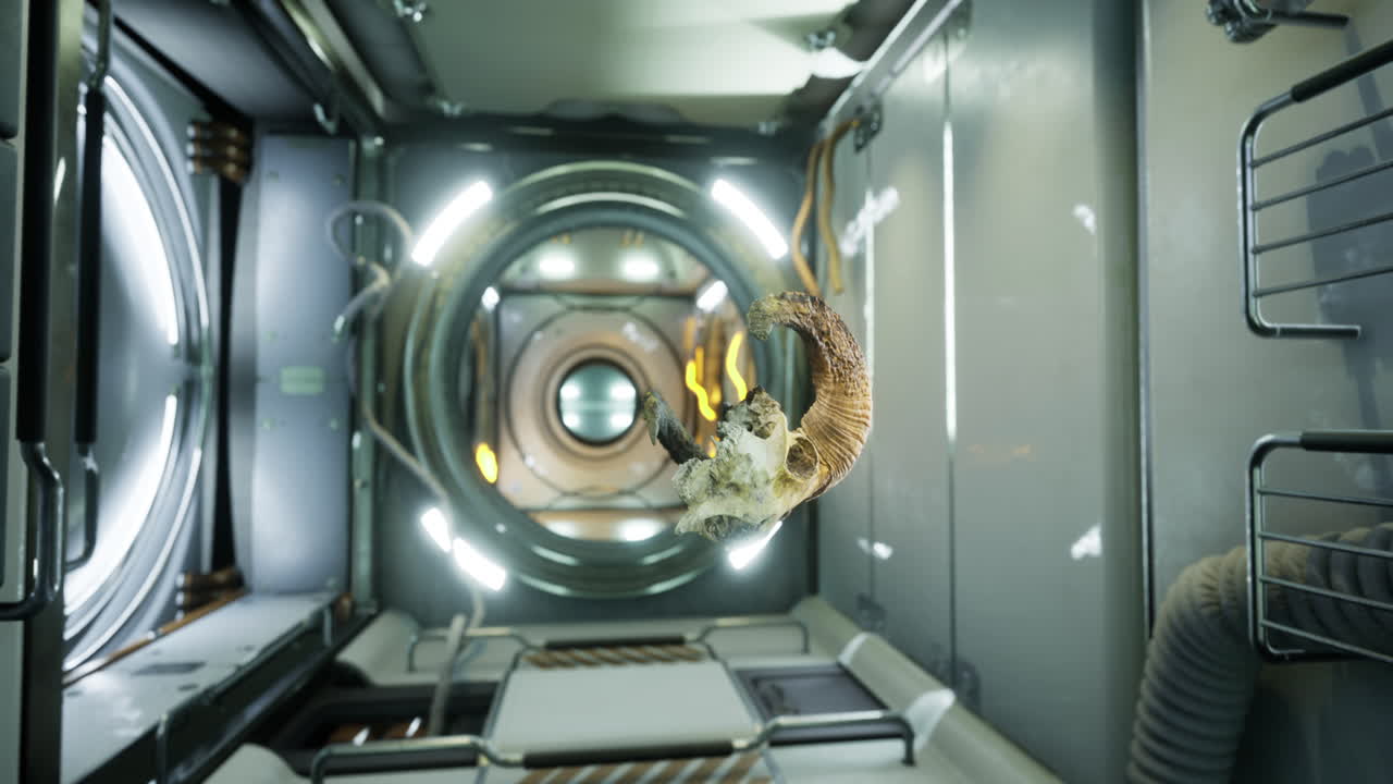 Unique ram skull suspended in a futuristic corridor with glowing lights