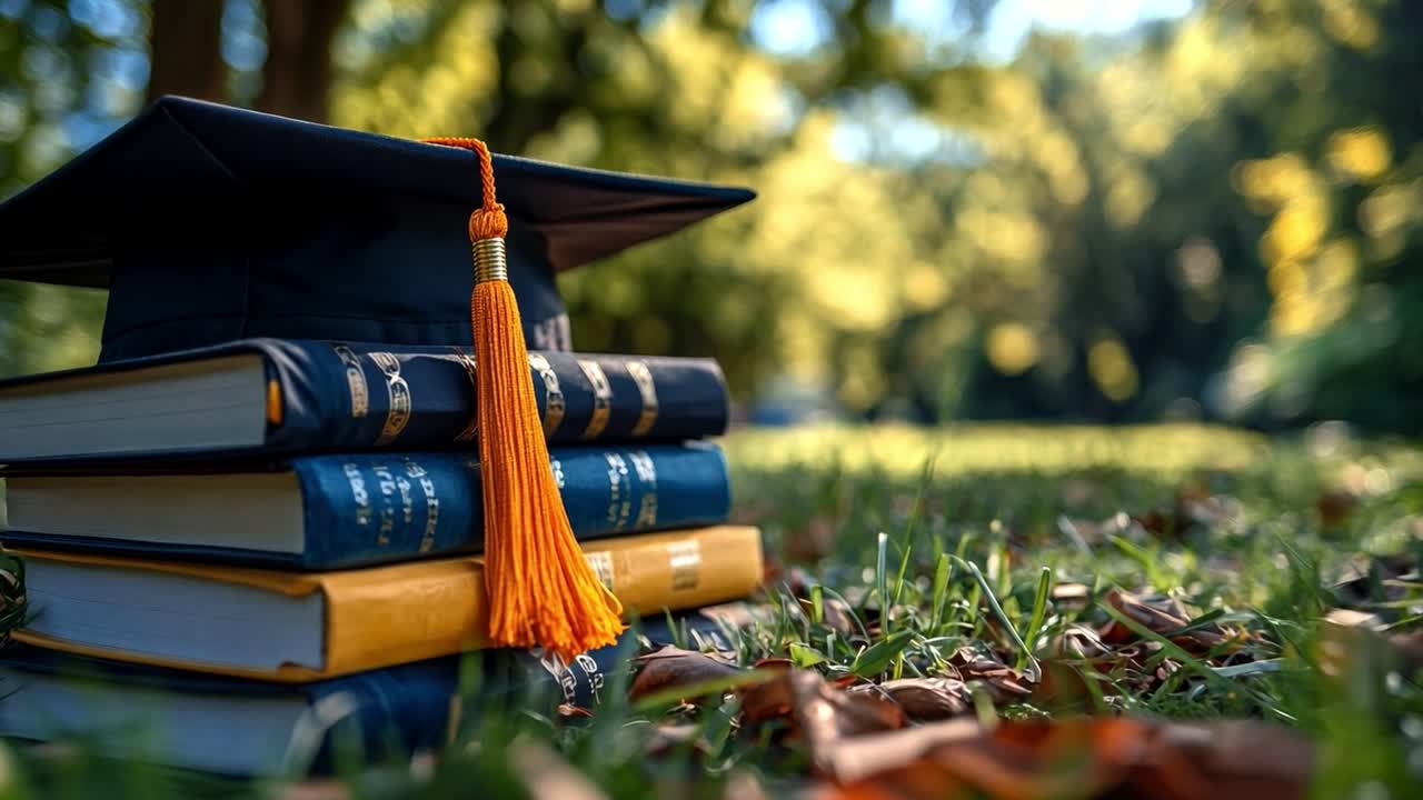 Graduation cap and books on grass