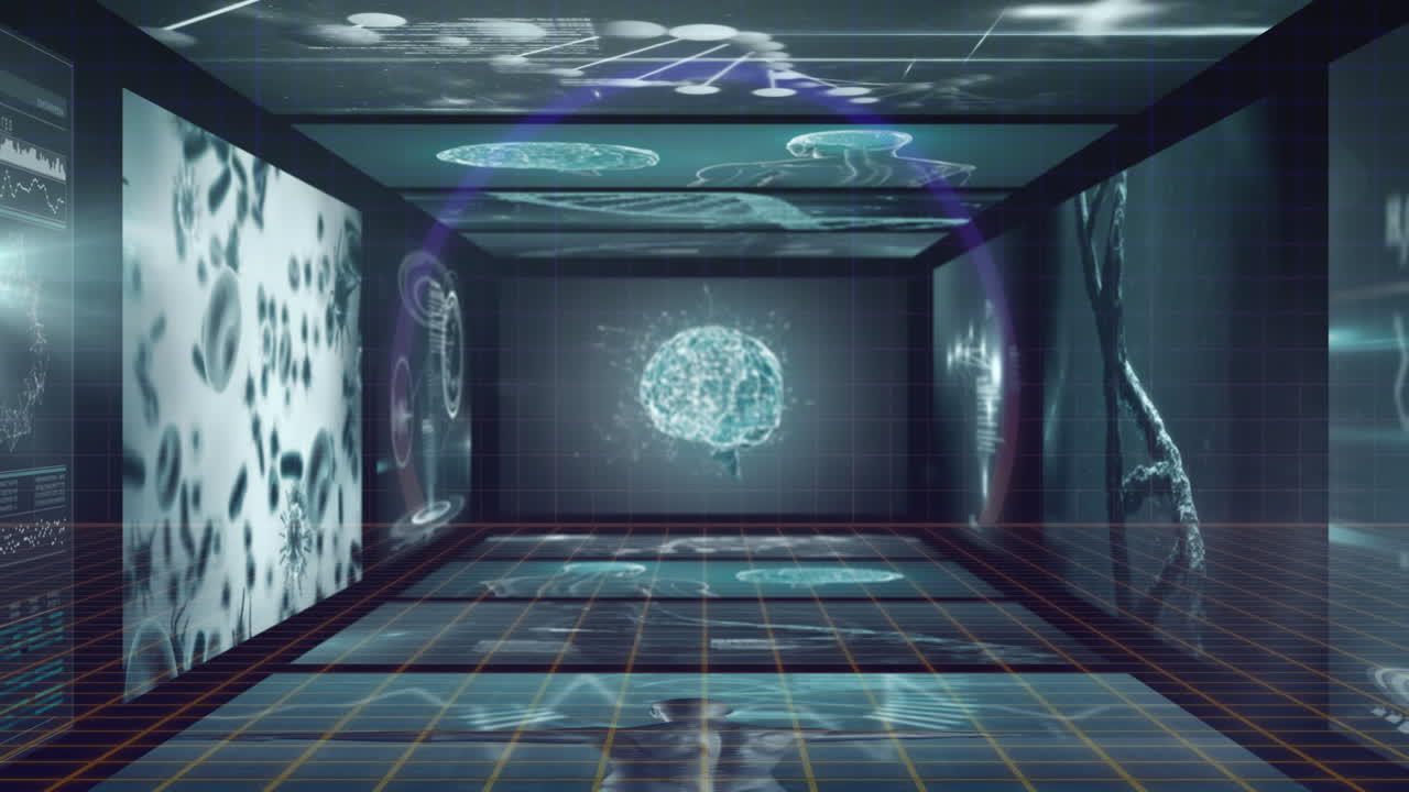 Animazione di ologramma di cervello digitale con tecnologia futuristica in una stanza virtuale