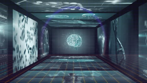 animation of digital brain hologram with futuristic technology in virtual room