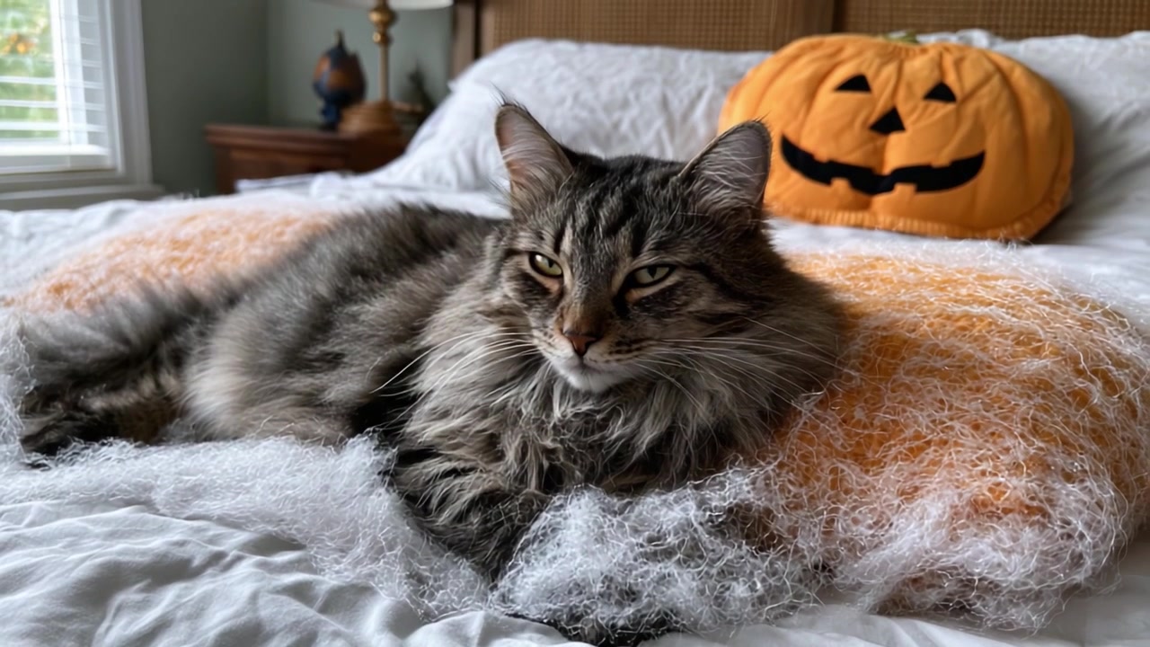 En avslappet katt som ligger på en koselig seng med et Halloween-gresskar, som perfekt fanger høstens ånd og sesongens sjarm i et hjemmemiljø