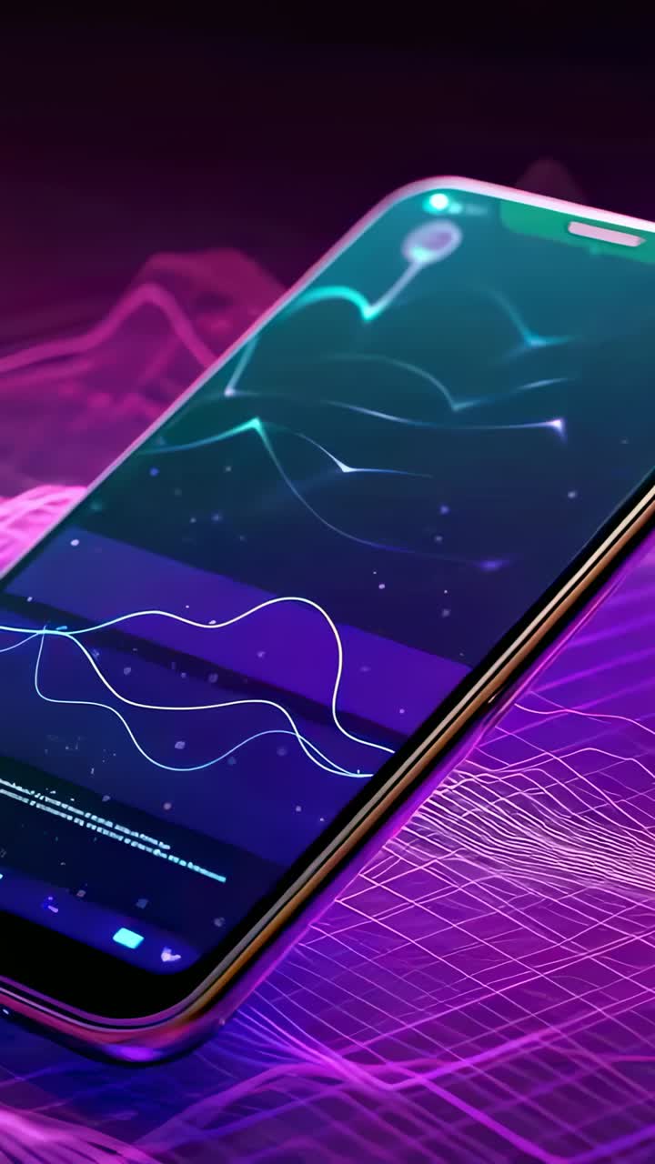 Video verticale: apertura che mostra uno smartphone con notch inclinato su una griglia al neon, rivelando una forma d'onda pulsante