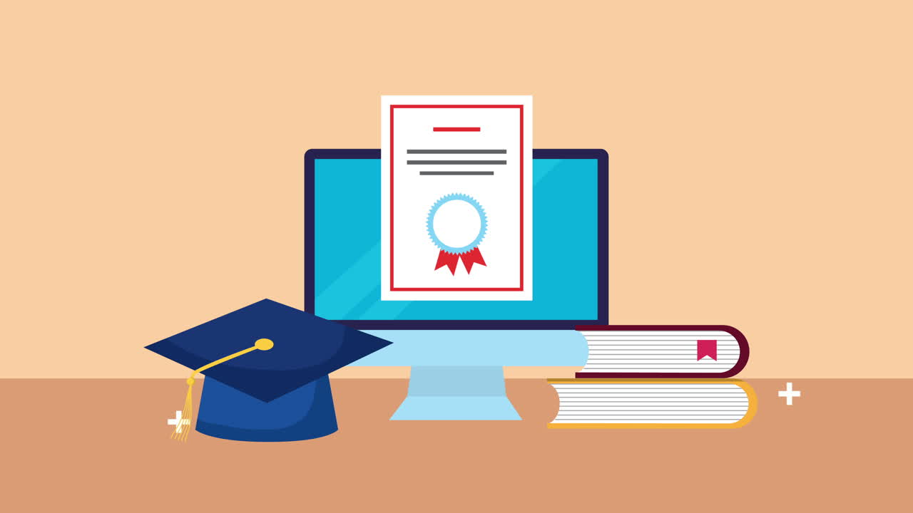 aprendizaje electrónico de escritorio con diploma y sombrero de graduación