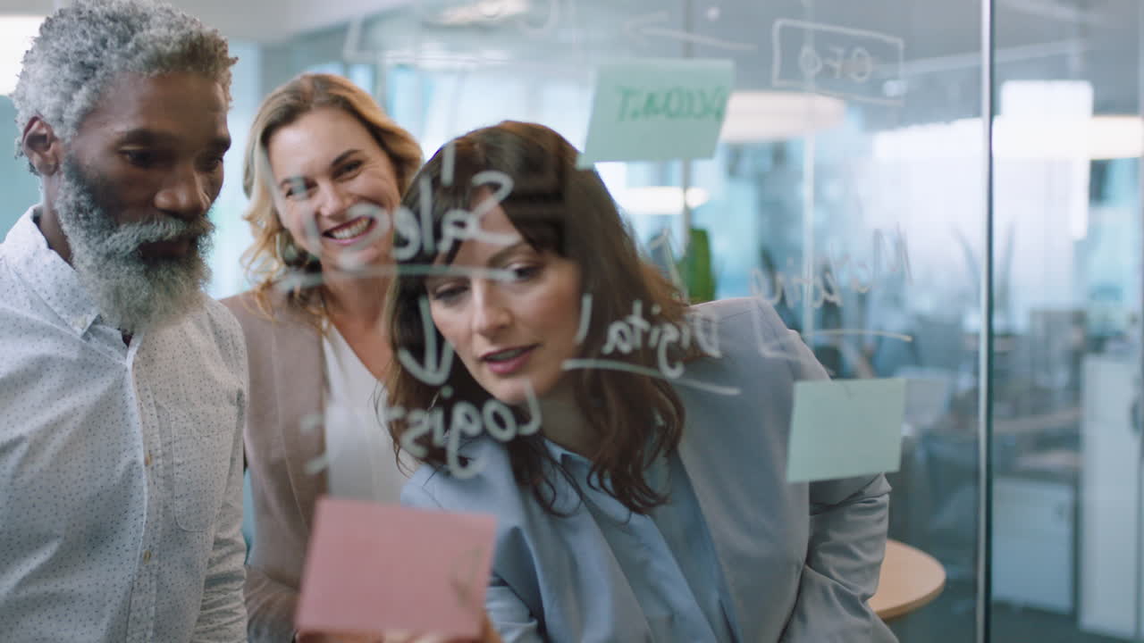 personas de negocios usando notas adhesivas lluvia de ideas líder de equipo mujer trabajando con colegas en la estrategia de resolución de problemas mostrando la solución para la fecha límite del proyecto en la reunión de la oficina