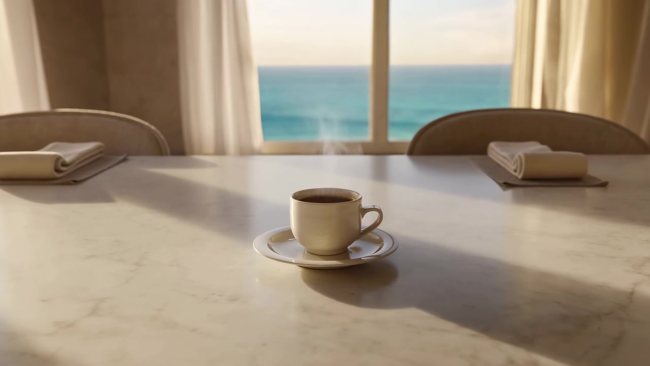 Secangkir kopi tunggal diletakkan di atas meja marmer di ruang makan yang cerah, dibingkai oleh serbet terlipat, kursi di dekatnya, gorden tipis, dan pemandangan laut yang tenang melalui