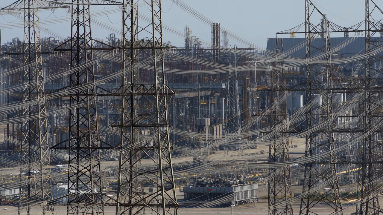 Dense Transmission Towers And Power Cables Stretch Across Arid Industrial Landscape, Layered With Substations,