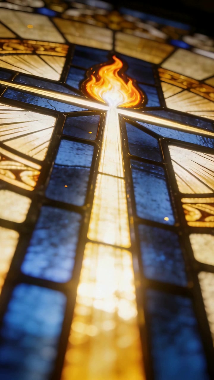 Video verticale: Controluce che illumina una vetrata in chiesa, rivelando un raggio dorato e una fiamma.