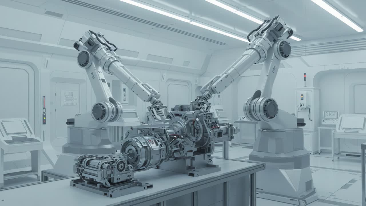 Advanced Robotic Arms Collaborate in a High-Tech Laboratory Setting, Showcasing Precision Engineering and Innovative Design for Automated Tasks
