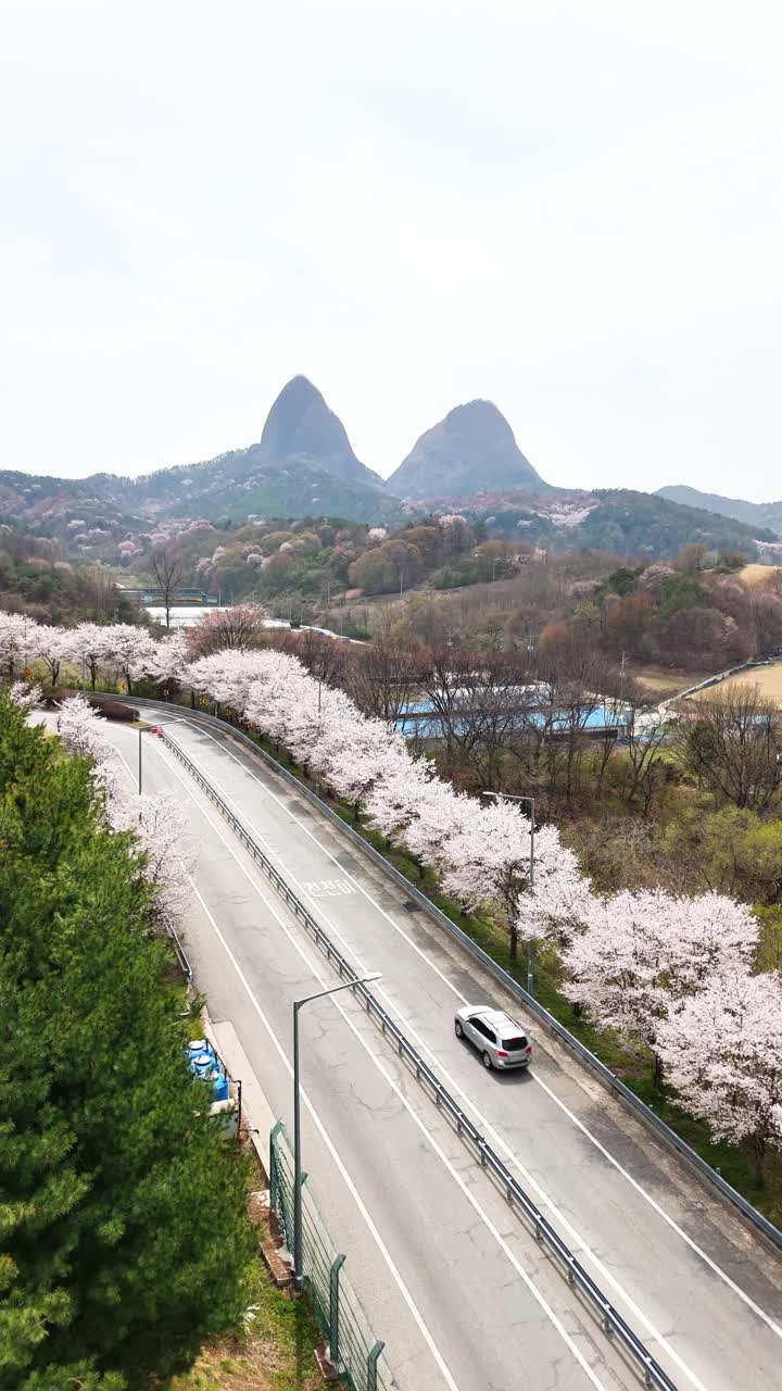 Bird's-eye view of the road with a car going towards the Horse Ear Mountain, in a cloudy day Maisab Provincal Park, South Korea