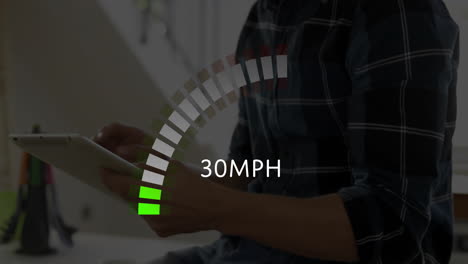 speedometer animation showing 58mph over person using tablet in school setting