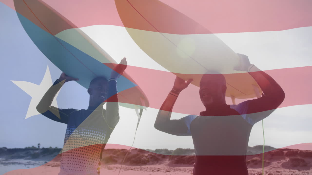 Carrying surfboards, surfers with Puerto Rican flag animation on beach scene