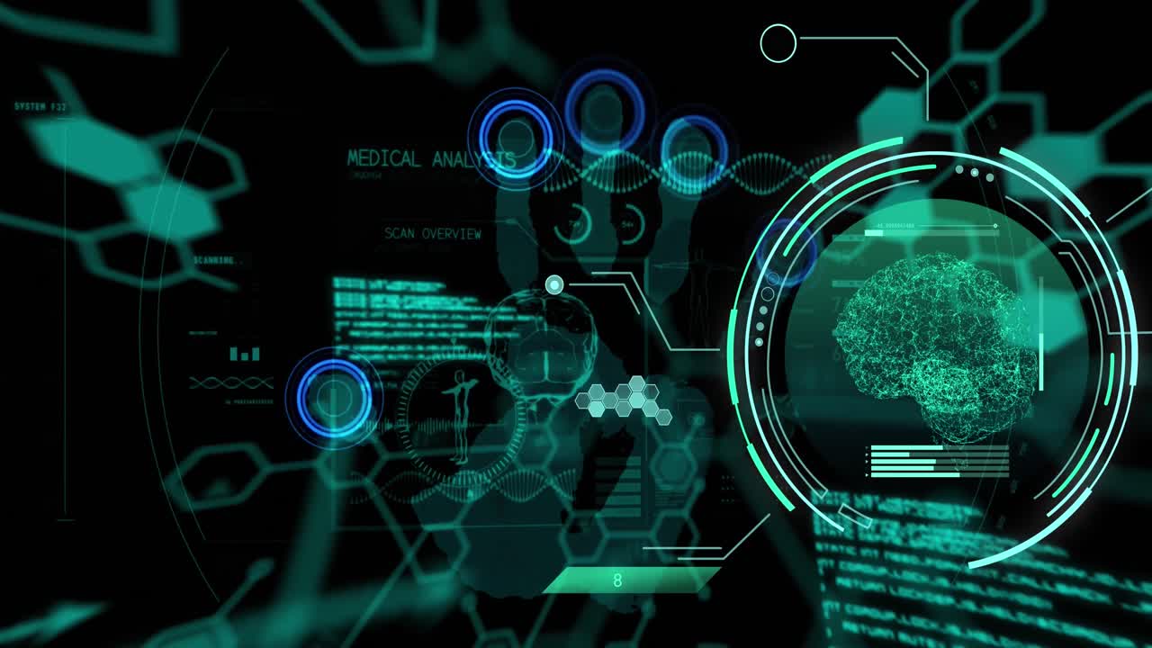 animación del procesamiento de datos y el cerebro con huella de mano en fondo negro.