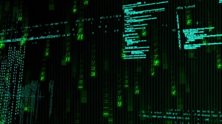 Faint cyan code blocks appearing, thin green glyphs cascading downward, visualizing layered data