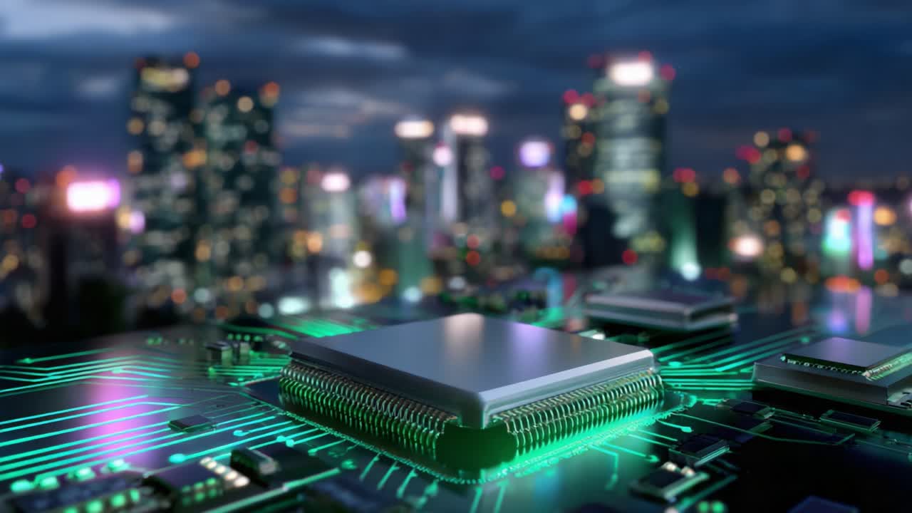 Exploring the Intersection of Technology and Urban Life: A Close-Up View of a Modern Microchip Set Against the Backdrop of a Vibrant Cityscape Illuminated by Night