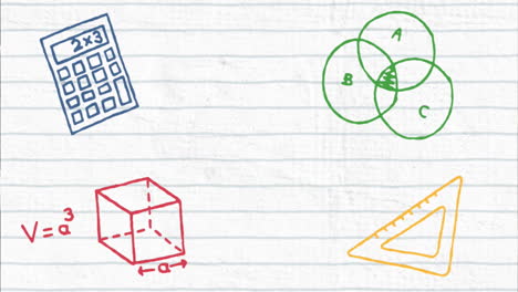 animación digital de múltiples iconos de conceptos matemáticos contra el papel alineado en blanco