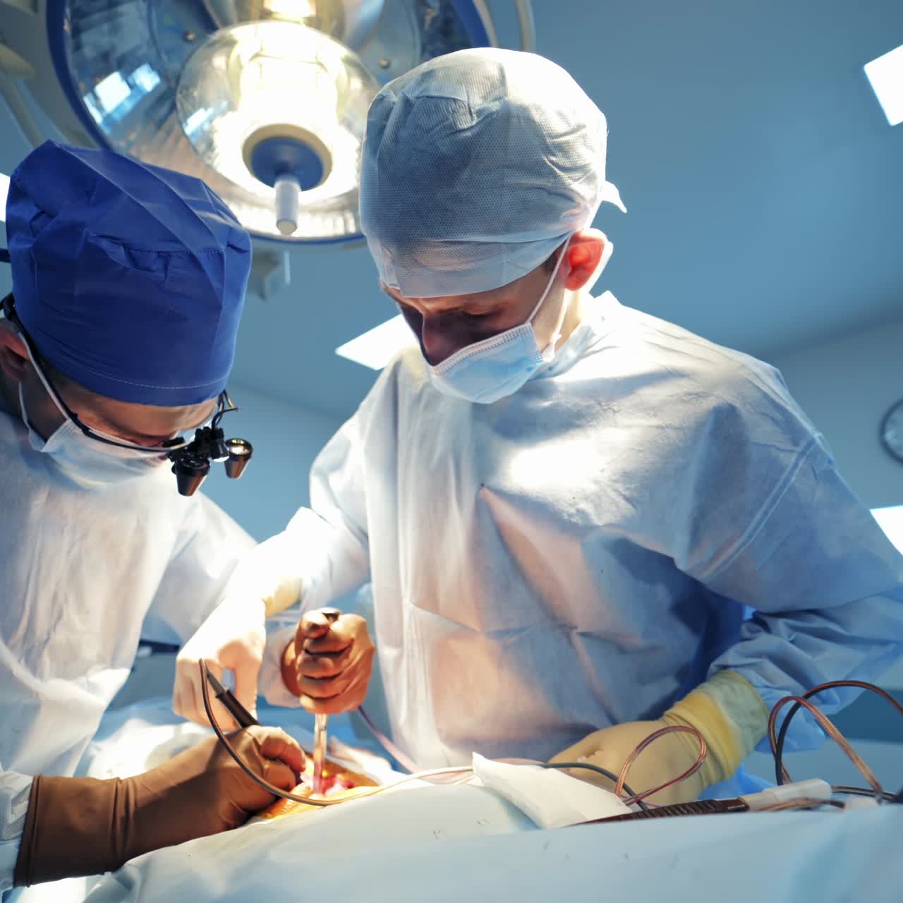 Group of doctors in the operating room. Medical specialists in blue masks and uniform are performing an operation in clinic. Medical neurosurgery instruments and equipment