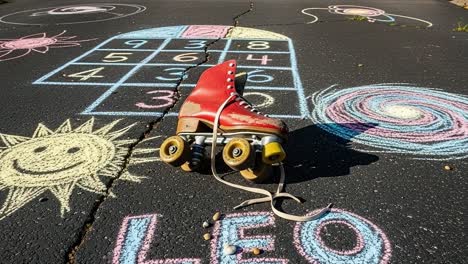 a colorful roller skate resting on vibrantly chalked hopscotch and playful drawings, capturing the essence of joyful childhood memories in an outdoor setting