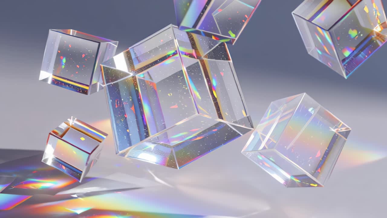 Cubi di vetro renderizzati in 3D che fluttuano in una luce soffusa, proiettando rifrazioni e riflessi color arcobaleno su uno sfondo neutro, filmato astratto ideale per concetti di tecnologia, design o futuristici